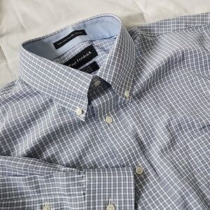Paul Fredrick Non Iron Dress Shirt Men Size 17 1/2-33 Two Ply Cotton Blue Plaid